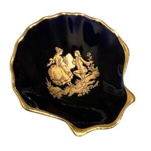 Limoges Mini Shell Dish • Navy & Gold • Courting Couple • 2” France